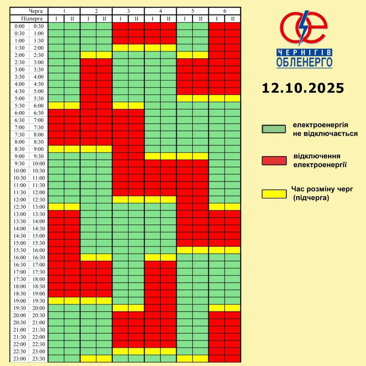 На Чернігівщині 12 жовтня діятиме графік погодинних відключень електроенергії