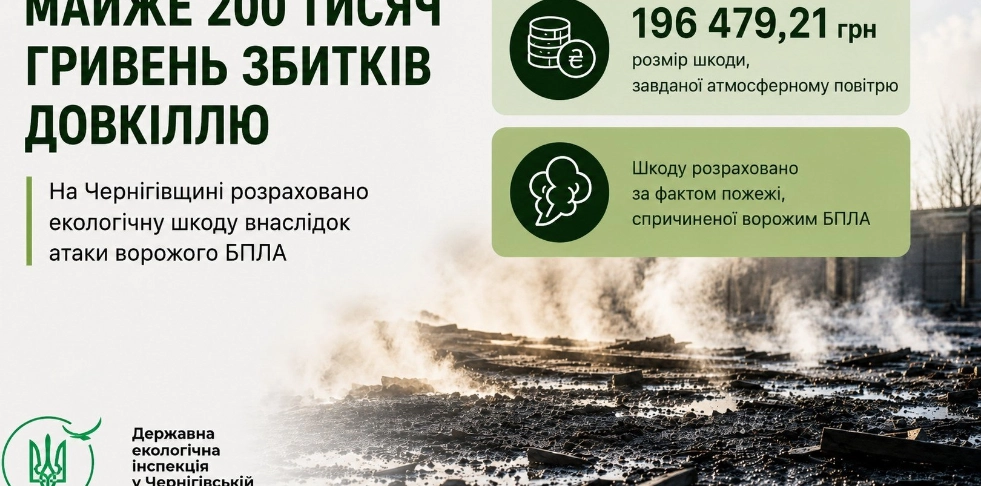 Майже 200 тисяч гривень шкоди природі внаслідок удару дрона на Чернігівщині Майже 200 тисяч гривень шкоди природі внаслідок удару дрона на Чернігівщині